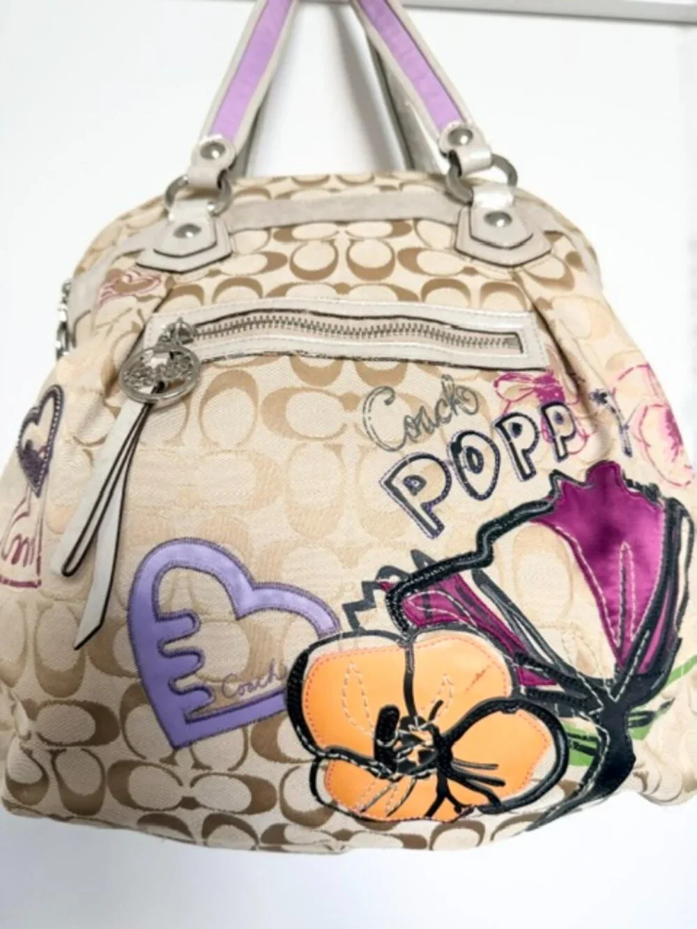 Coach Beige Signature Canvas Floral Poppy Satchel with Purple Accents